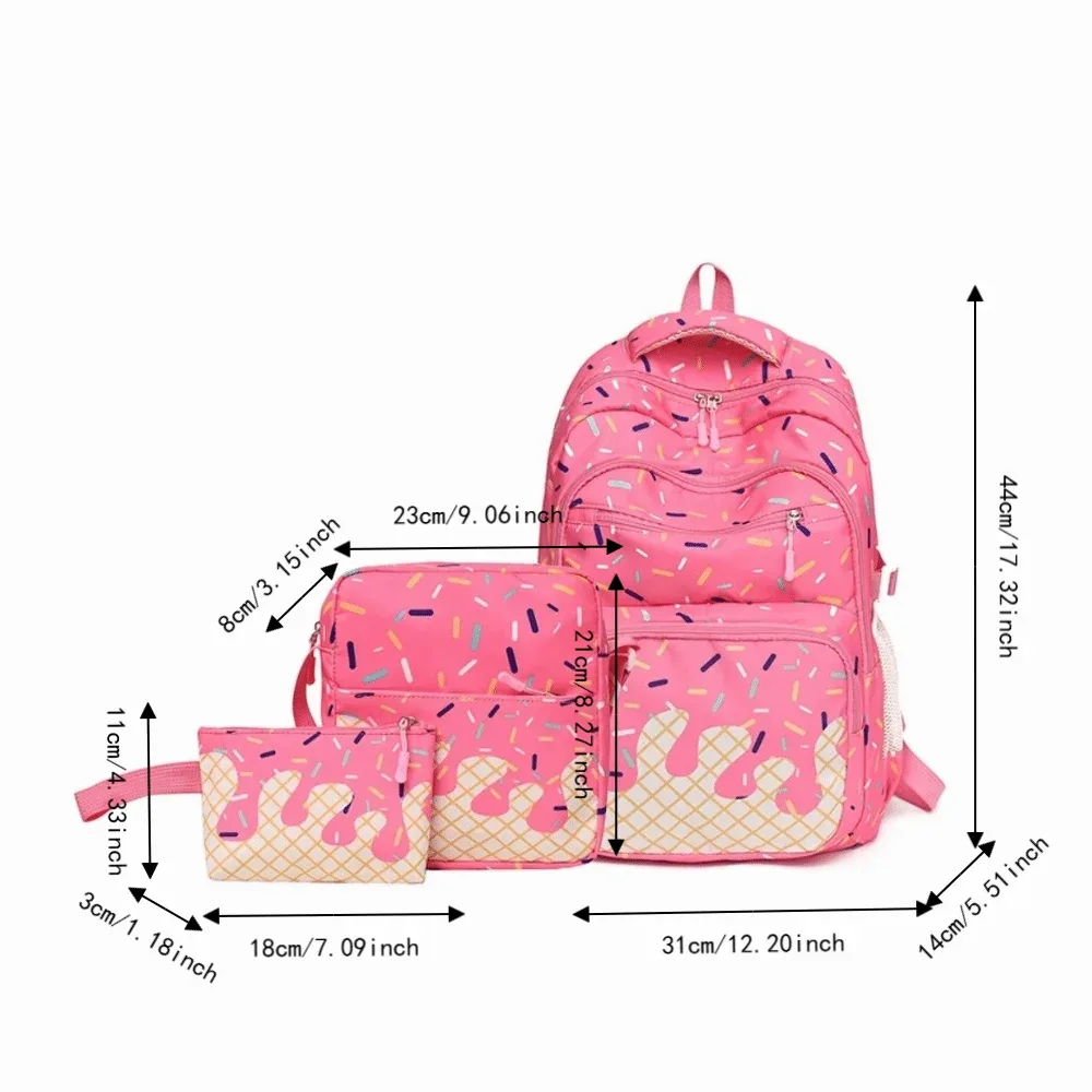 sac dos tissu oxford imprimé vanille perles colorées rose blanc format trapézoïdal fermeture glissière poche latérale maille usage étudiant voyage