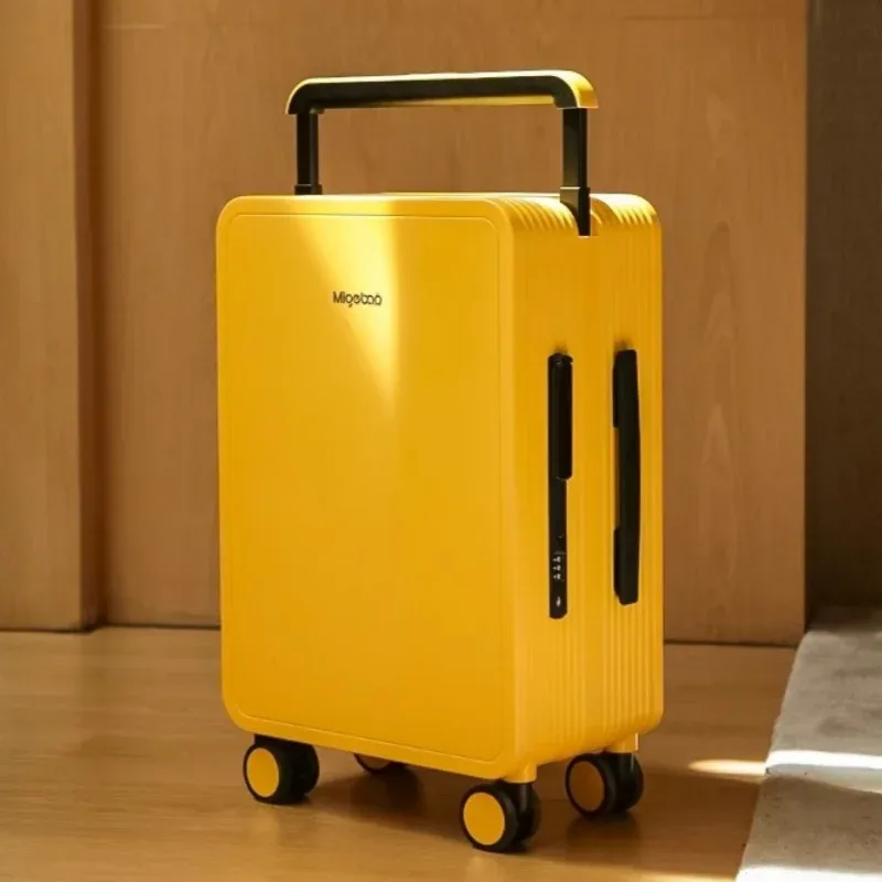 valise pc jaune noir gris système tsa serrure poignée large roues toupie compacts voyage organisés segurança modernes linhas verticale façade contraste efficace intérieur compartiments
