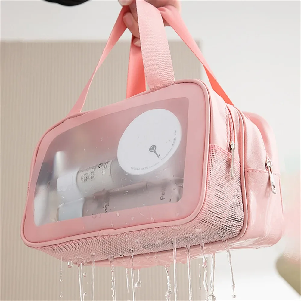 trousse de maquillage portable grande capacité tendance ; sac de toilette double couche givré séparation sec/humide ; sac de rangement de voyage multifonctionnel