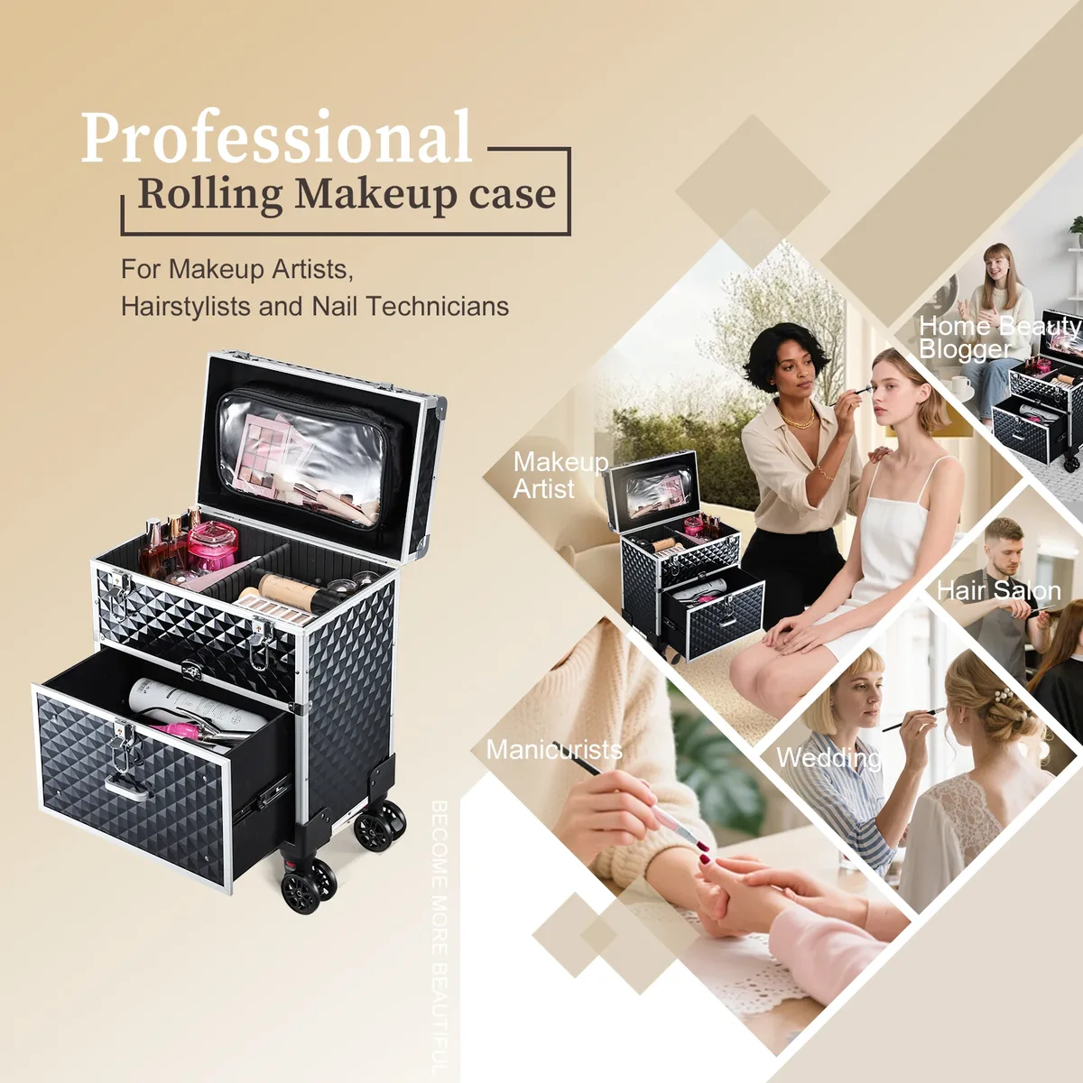 mallette de maquillage professionnelle à roulettes, chariot avec tiroir, mallette de rangement pour cosmétiques, grande mallette de cosmétologie, sac détachable