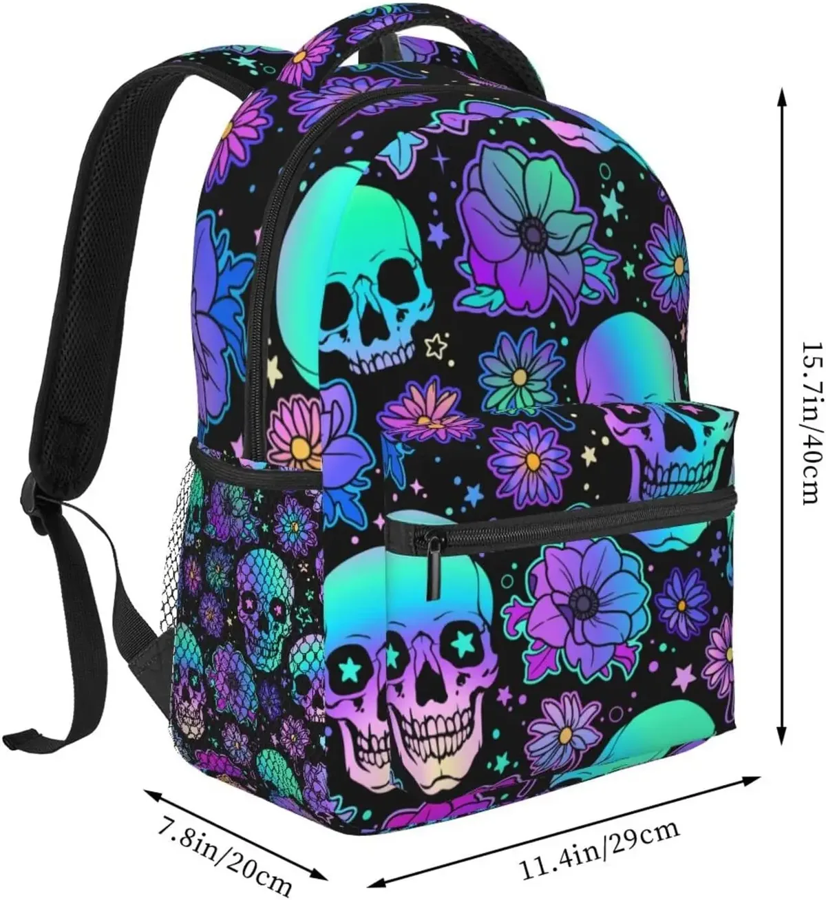 sac à dos à motif de crânes humains et de fleurs lumineuses, sac à dos décontracté pour ordinateur portable, sac à dos pour le travail, poches