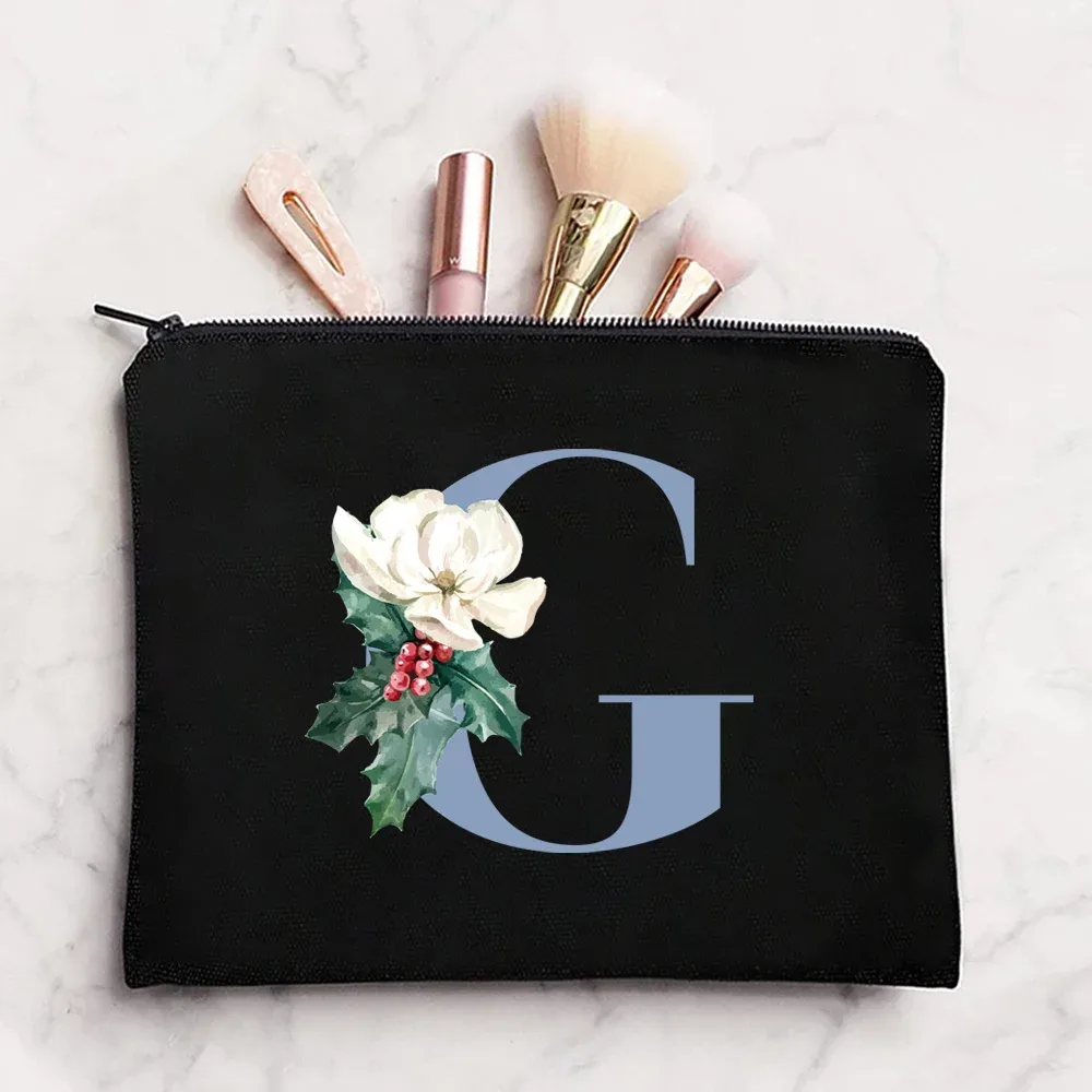 sac à cosmétiques en tissu pour femmes, pochette de maquillage, sac de voyage, rouge à lèvres, étuis de rangement, pochette à fermeture éclair, porte-monnaie de téléphone, initiales bleues imprimées