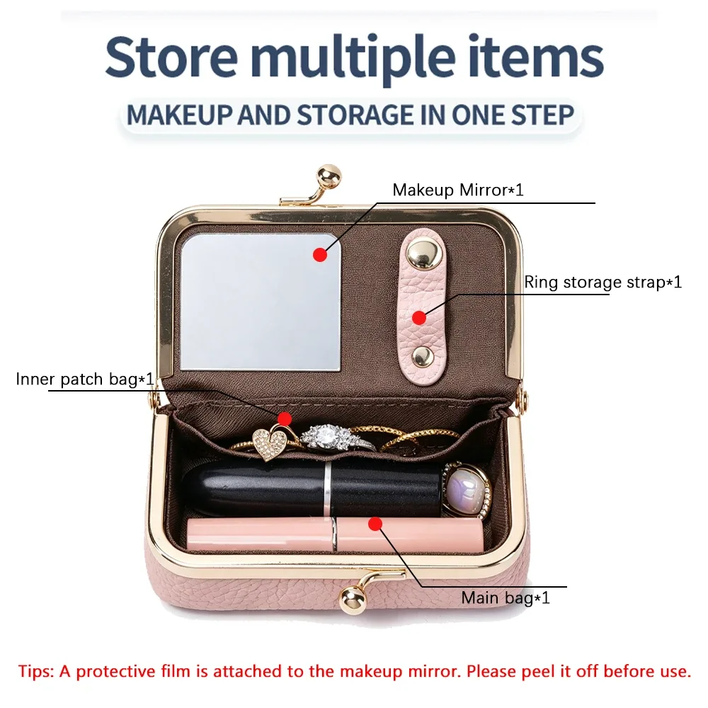 pochette à rouge à lèvres portable avec miroir de maquillage, sac à bijoux en pu exquis, couleur unie, sac cosmétique multifonctionnel pour le rangement