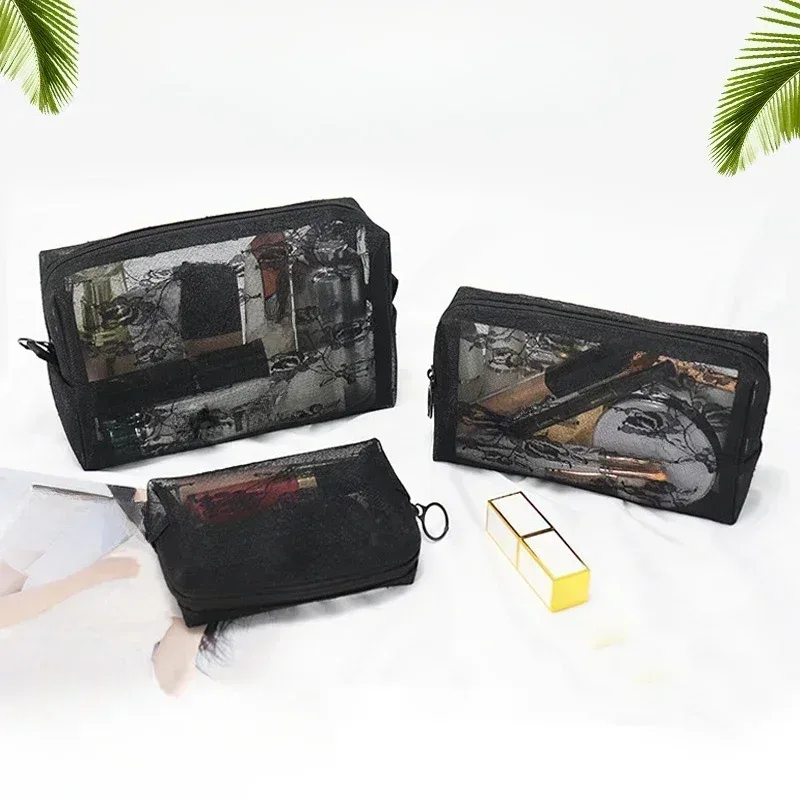 sacs à cosmétiques transparents en maille, 1 pièce, petit grand sac de maquillage noir, fleur en dentelle, étui de rangement de toilette de voyage, pochette de rangement de rouge à lèvres