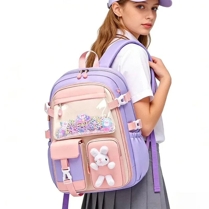 sac à dos scolaire en tissu oxford, polyester imperméable, mignon, à motif de dessin animé, pour filles, protection de la colonne vertébrale, sac à dos quotidien pour le campus et les trajets