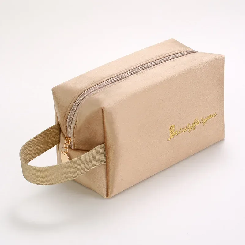 trousse de maquillage en peluche, trousse à cosmétiques pour femmes, grande trousse de toilette de voyage de couleur unie à fermeture éclair, pochette de lavage de beauté