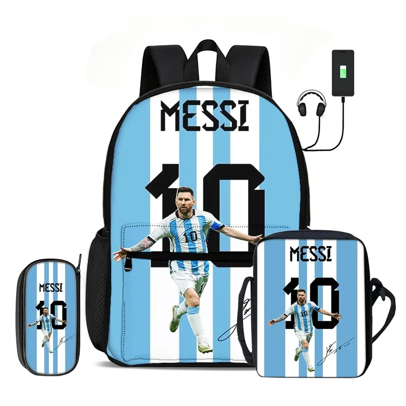 sac dos nylon motif messi bleu rouge jaune sport enfant compartiment informatique bandoulière arquée fermeture éclair