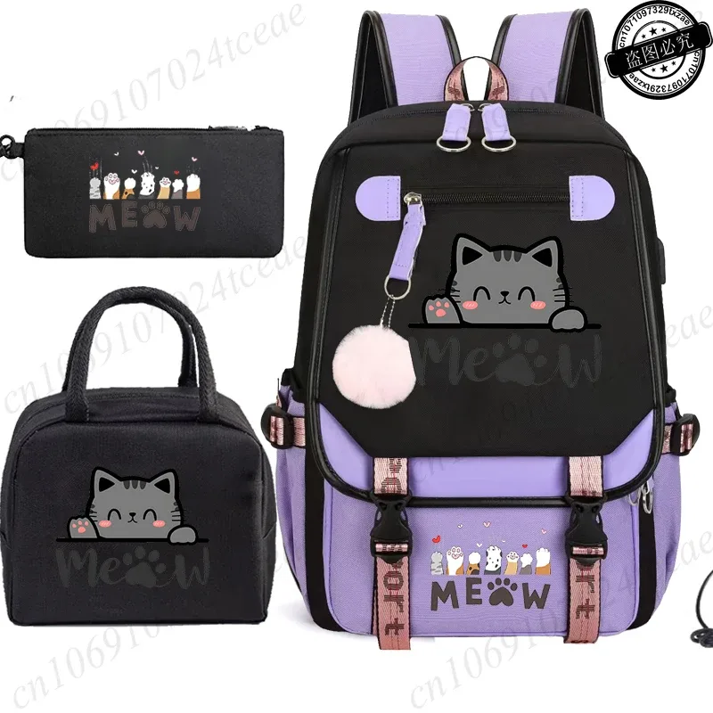 sac à dos scolaire pour adolescents, sac à dos quotidien pour étudiants, sac à dos pour filles, sac à dos scolaire à motif de chat noir, avec sac à lunch et trousse à crayons, 3 pièces/ensemble
