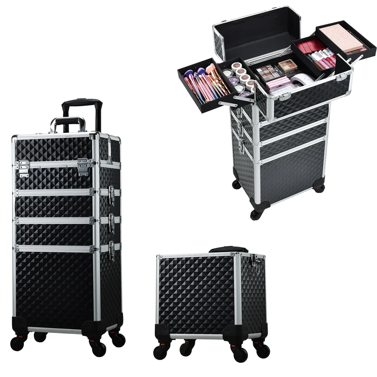 valise de maquillage professionnelle sur roulettes 4 en 1, cadre en aluminium, valise rigide pour cosmétologie sur roulettes, valise de voyage à roulettes avec clés, grande capacité, valise à roulettes avec 4 plateaux, valise de voyage pour tatouage, organisateur de cosmétiques et de vernis à ongles, boîte de rangement noire.