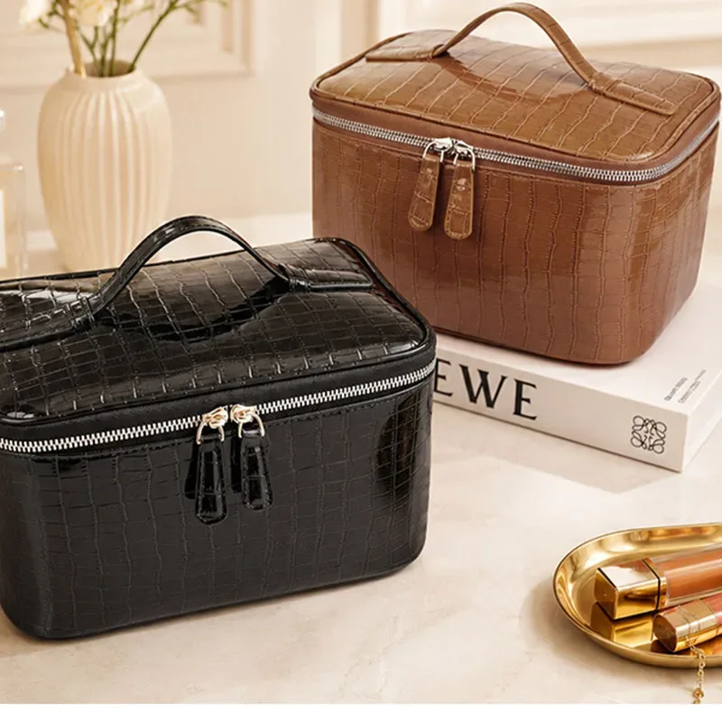 trousse de maquillage en cuir pu pour femme, grande capacité, boîte de voyage portable, organisateur de toilette à fermeture éclair, sac de rangement étanche