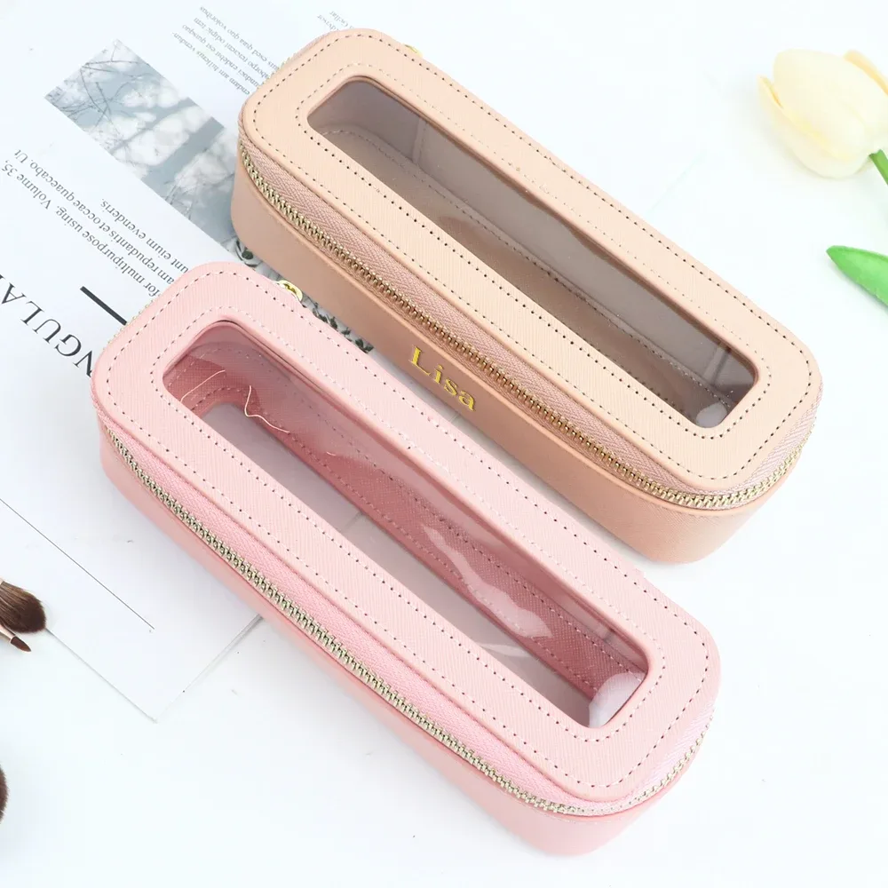 sac de rangement portable en cuir pu transparent personnalisé pour pinceaux de maquillage, accessoire de rangement pour articles de toilette quotidiens
