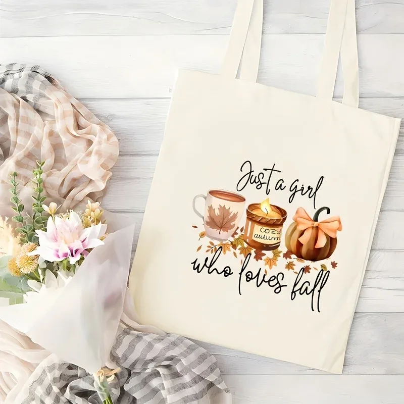 Sac à imprimé automnal mignon, avec motifs citrouille, café et feuilles, sac fourre-tout durable, adapté à un usage quotidien et au style automnal confortable.