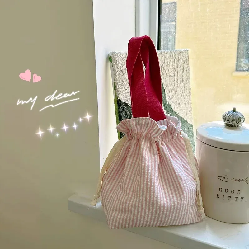 sac organisateur à cordon avec poignée supérieure, rayures, portable, porte-monnaie à main, pratique, réutilisable, pochette de voyage, pique-nique