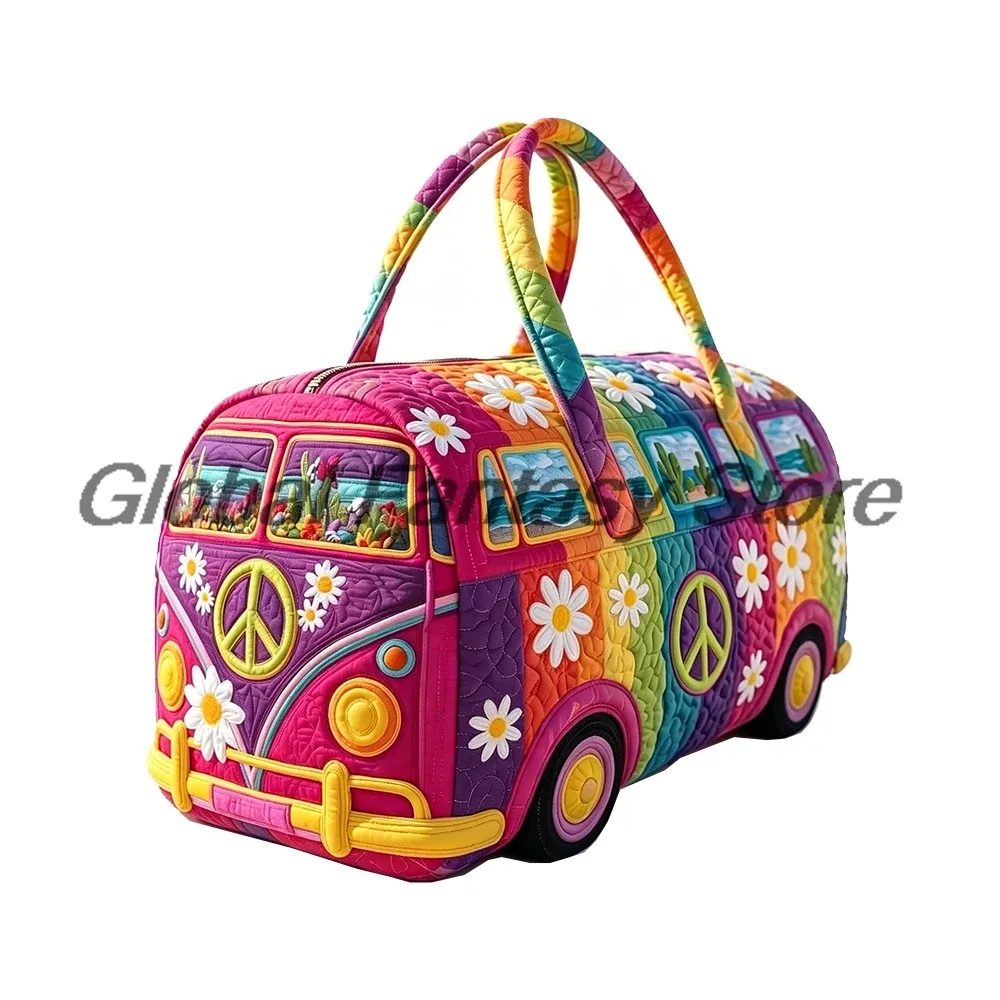 sac de voyage matelassé hippie van 2026 avec imprimé signe de la paix, sac fourre-tout pour voyages en voiture, sac à main pour femmes et hommes, sac de week-end pour activités de plein air