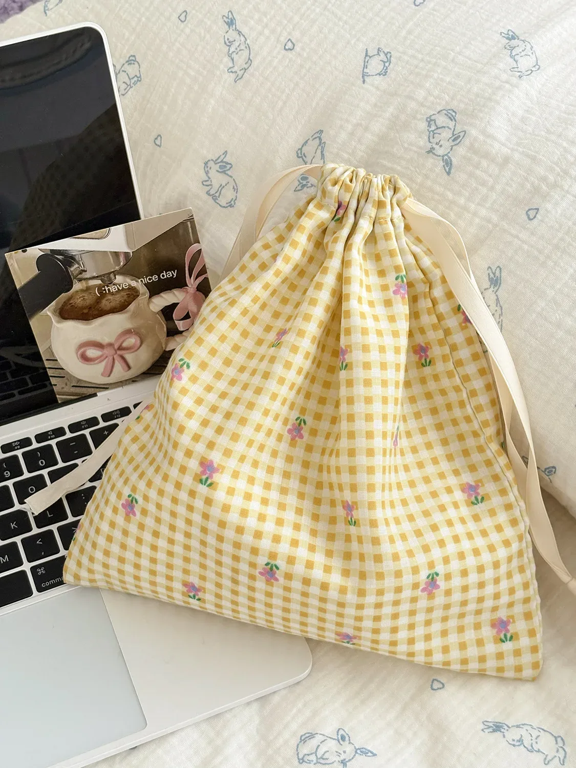 sac à cordon jaune à motif floral, sacs de rangement de voyage en tissu, sacs de tri portables pour articles divers, grandes pochettes à cordon