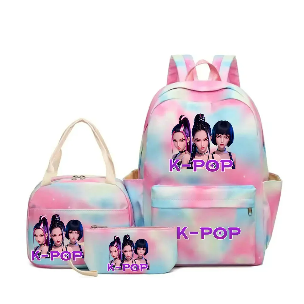sac dos polyester motifs personnages kpop pompon ceinture coussin air bandes latérales poignée supérieure pliable extensible bleu rose violet voyage adolescents