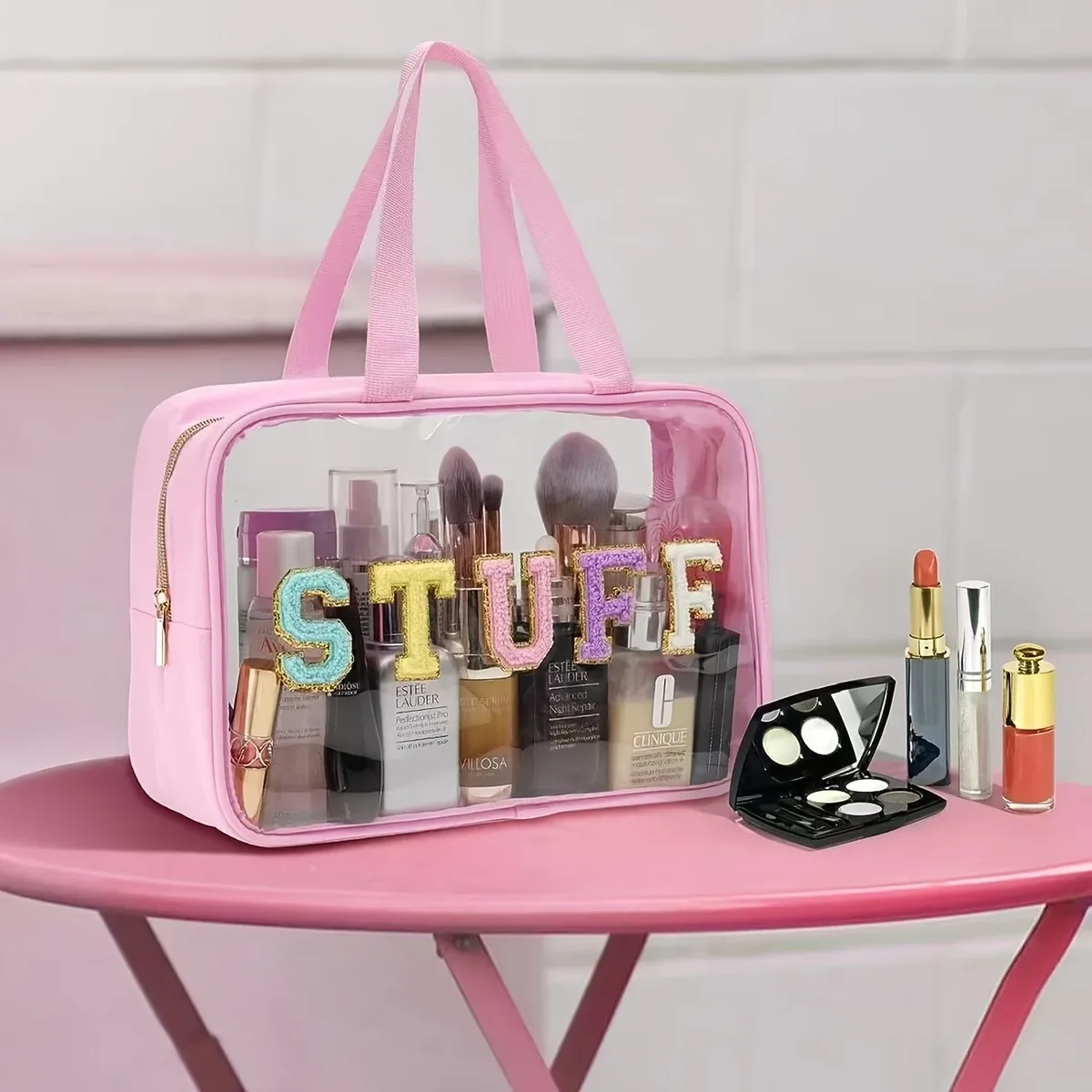Sacs de rangement de toilette, organisateurs de cosmétiques de voyage de grande capacité, sacs à cosmétiques avec lettres en Chenille, pochettes de maquillage transparentes