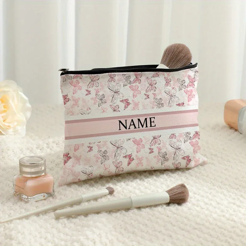 1 pièce trousse de maquillage personnalisée avec nom et motif floral imprimé, sac de rangement de voyage pour articles de toilette, organisateur de cadeaux de fête, pochette cosmétique