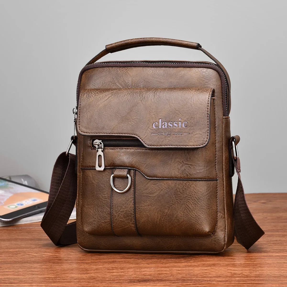 sac à bandoulière en cuir pour hommes, marque de luxe, sacs à main marron business, grande capacité, sacoches latérales, nouvelle collection 2024