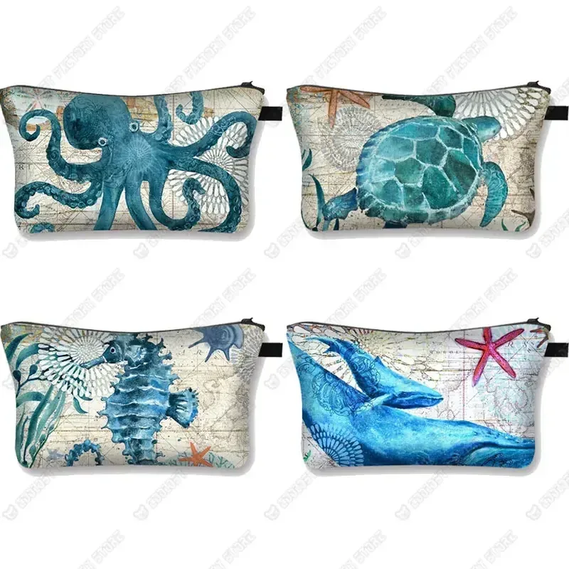 trousse à cosmétiques imprimée poulpe/tortue de mer/hippocampe, trousse de maquillage de voyage pour dames et filles