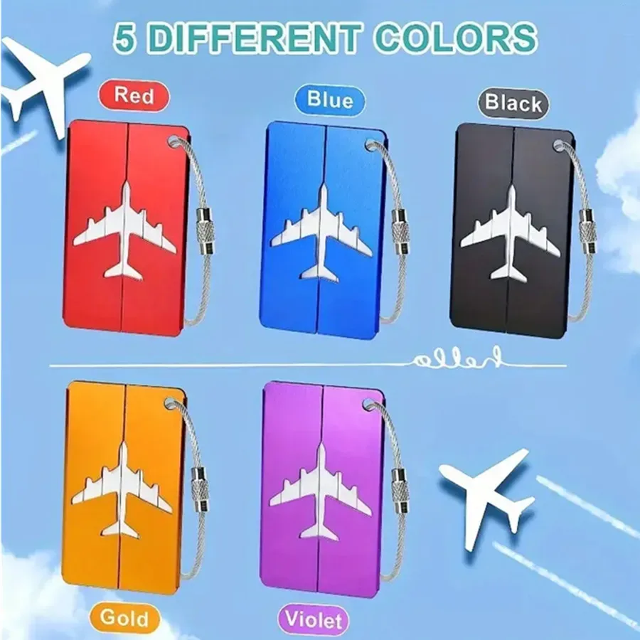 étiquette bagage métallique aluminium rouge bleu noir or violet avion nom cartes identité accessoires voyage anti-perte lot cinq pièces