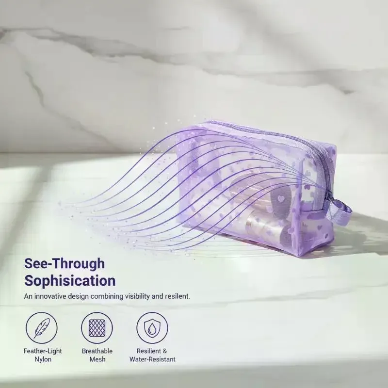 sac de maquillage en maille transparente en forme de cœur, pochette de rangement multifonction portable pour femmes, pochette de toilette pour dames, sacs organisateurs de rouge à lèvres