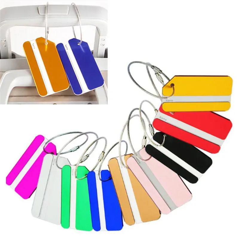 étiquette bagage alliage aluminium câble métallique bande blanche gris voyage identité valise nom adresse