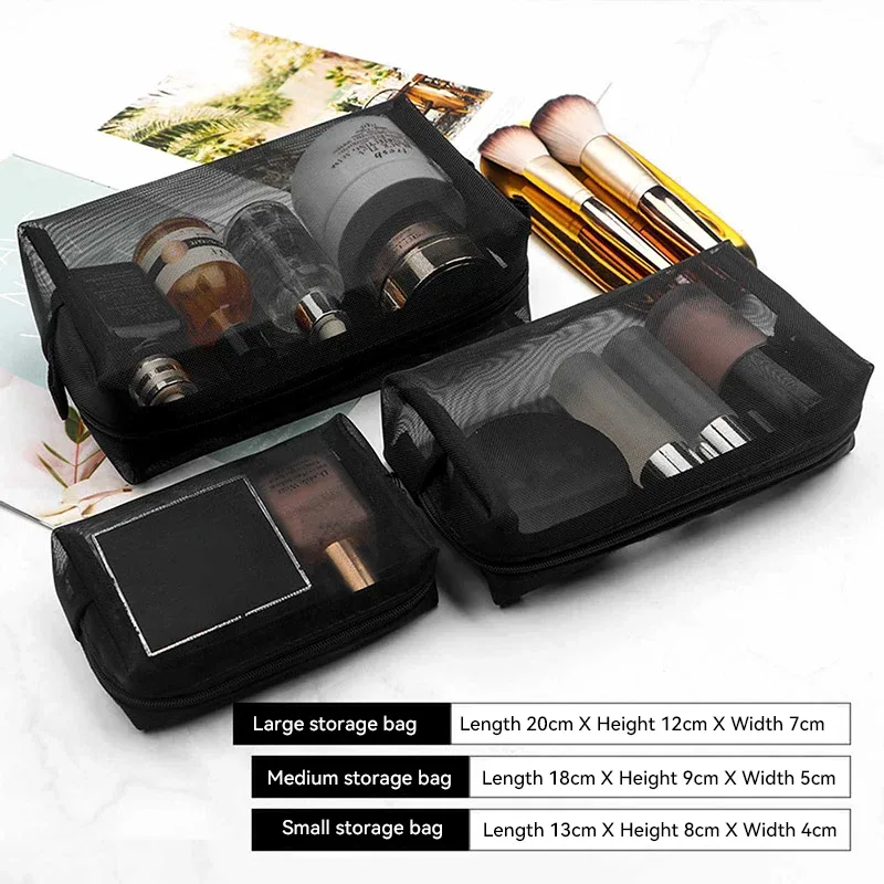 sac de voyage en maille noire pour cosmétiques, trousse de maquillage portable avec fermeture éclair pour femmes, trousse de toilette, organisateur de maquillage, pochette de rangement portable