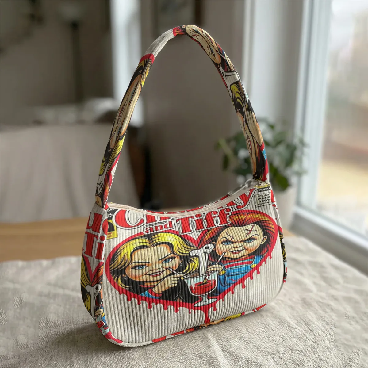 sac à bandoulière tendance imprimé chucky & tiffany, sac sous le bras en velours côtelé pour un usage quotidien décontracté