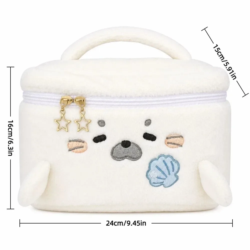 trousse de maquillage grande capacité motif brodé fluffy little seal, sac cosmétique portable de voyage multifonctionnel