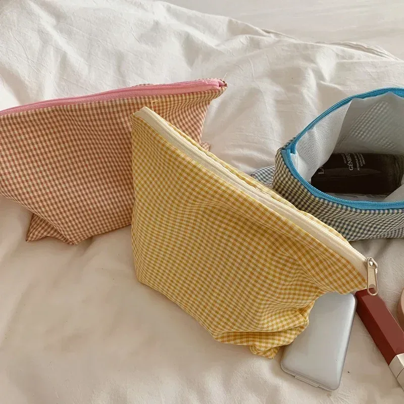 trousse de maquillage de voyage, pochette simple portable, sac à cosmétiques pour femmes, trousse de maquillage à carreaux, grande capacité, pochette en coton à fermeture éclair