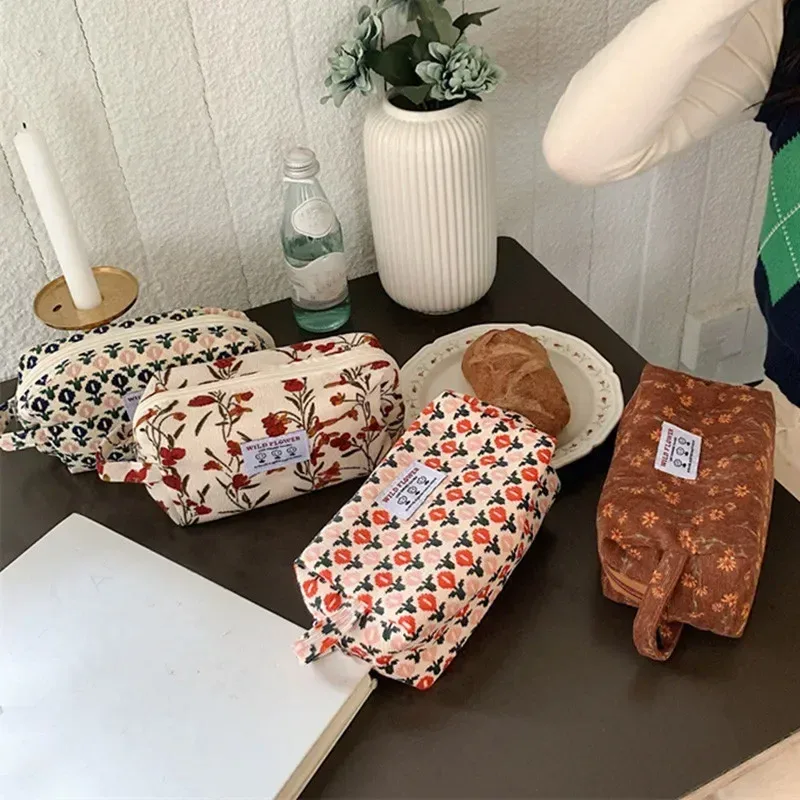sacs de maquillage en velours côtelé pour femmes, sac à cosmétiques imprimé floral, trousse à crayons, trousse de toilette de voyage, sac de rangement, organisateur, trousse de beauté