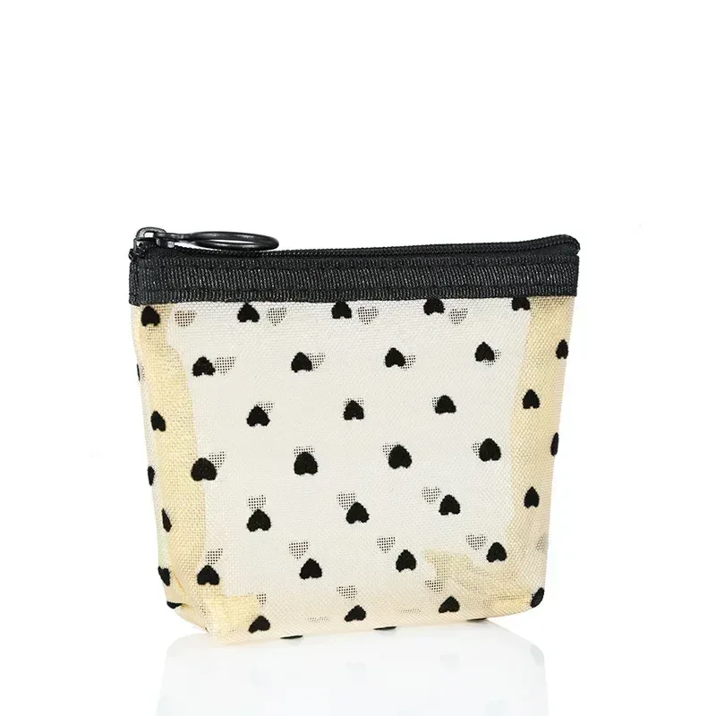 sac à cosmétiques en maille de nylon, organisateur de toilette en forme de cœur à fermeture éclair, sacs de maquillage multifonctionnels pour femmes, rouge à lèvres, clé, porte-monnaie