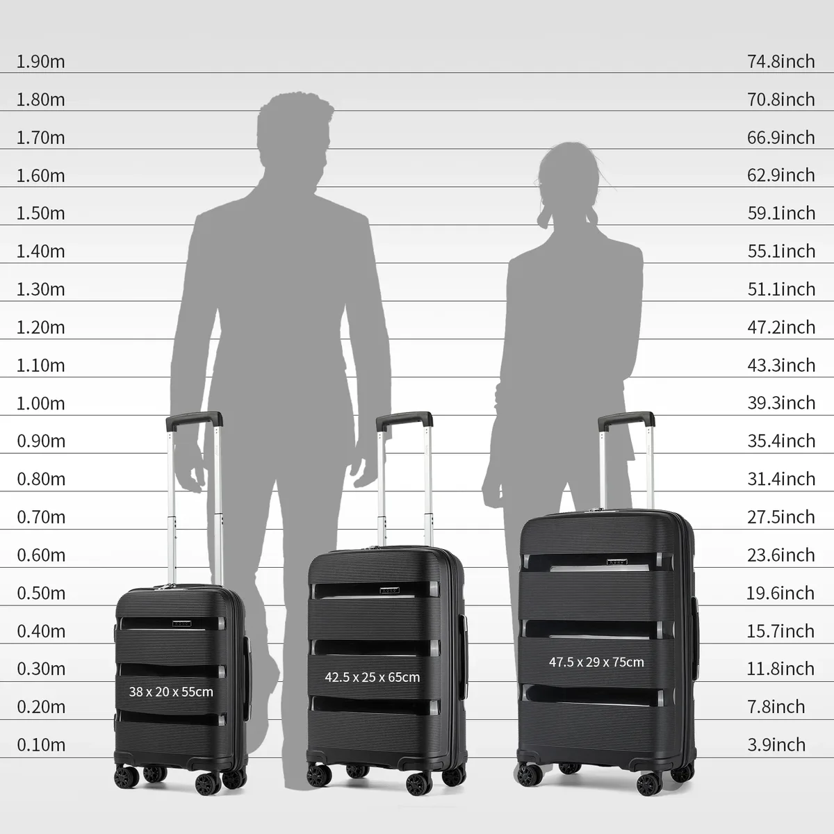 ensemble de bagages kono en polypropylène rigide 3 pièces, valises cabine et bagages à roulettes 55/65/75 cm avec 4 roues pivotantes à 360° ° roues pivotantes et serrure à combinaison tsa, couleurs turquoise/noir