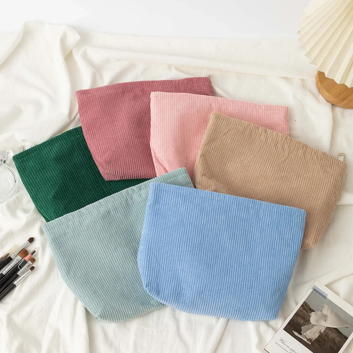 sac à cosmétiques en velours côtelé pour femmes, organisateur de maquillage coréen de couleur unie, pochette de toilette de voyage, trousse de beauté