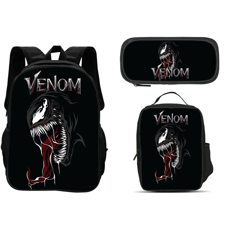 ensemble de 3 pièces du film venom : sac à dos + sac à lunch + trousse à crayons, papeterie de voyage à la mode, cadeau pour enfants, école, polyvalent