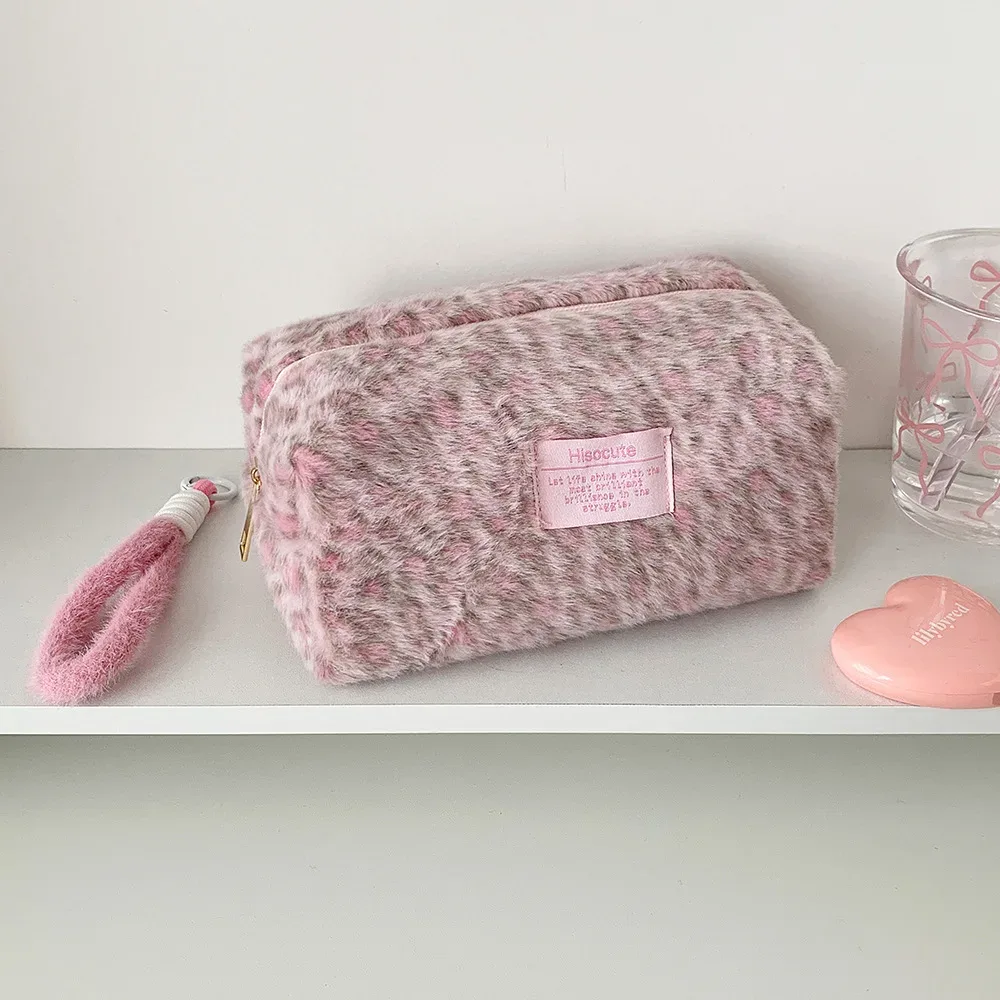 ins mode coréenne hiver en peluche motif léopard sac de maquillage portable rouge à lèvres sac de rangement filles femmes étudiant trousse à crayons