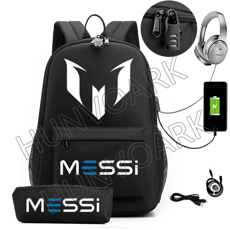 messi-sac à dos étanche avec chargeur usb, sac à dos de voyage décontracté, grande capacité, sacs d'école pour ordinateur portable, hommes et femmes