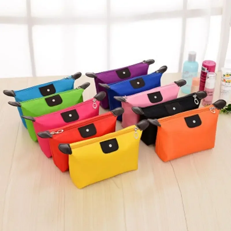 trousse de maquillage pliante couleur bonbon, organisateur cosmétique portable de voyage avec sangle de transport