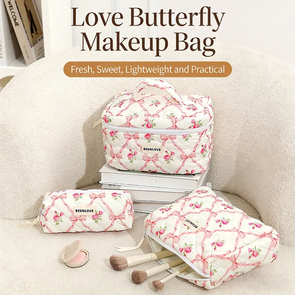 trousse de maquillage en coton matelassé avec nœud et fleur, sac cosmétique zippé pour femme, sac à main en tissu portable pour filles