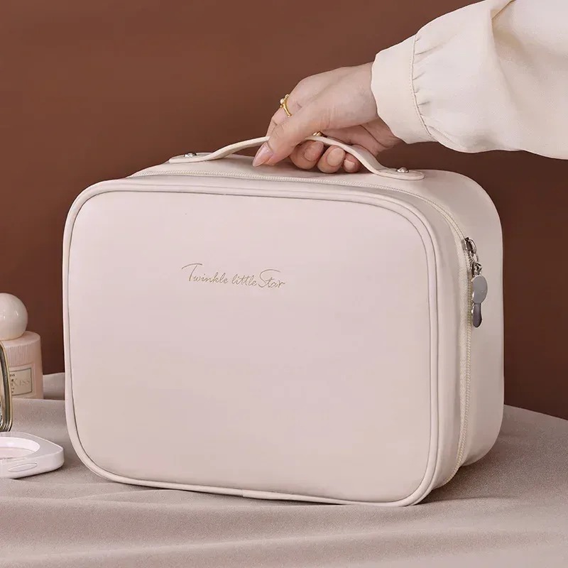 sac de maquillage portable pour femmes, trousse de beauté de voyage avec compartiment pour pinceaux, grande capacité, sac de rangement imperméable pour soins de la peau