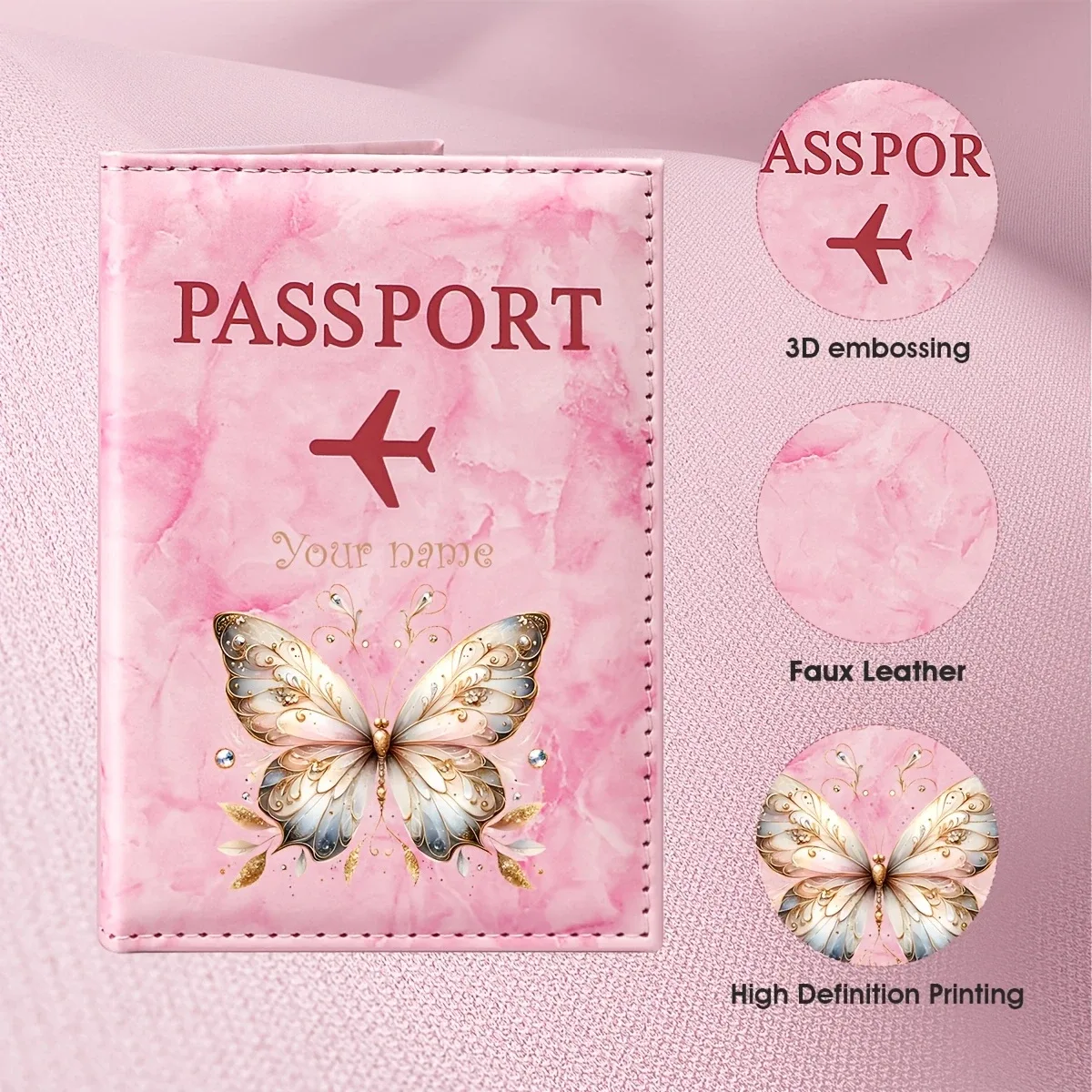 porte-passeport personnalisé avec nom, style rétro, motif papillon, en pu, avec un magnifique mélange de motifs papillon