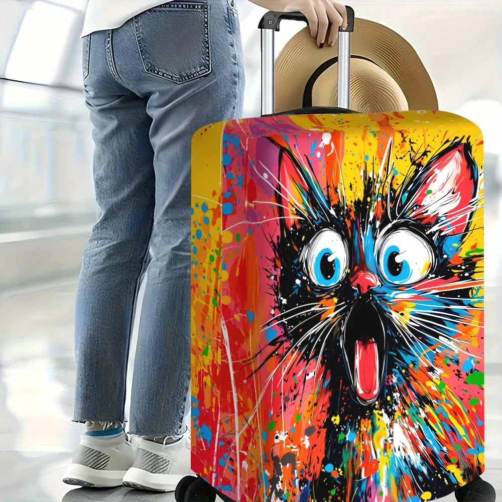 housse valise polyester visage chat motifs couleurs jaunes rouges bleues noires forme rectangulaire protection voyage