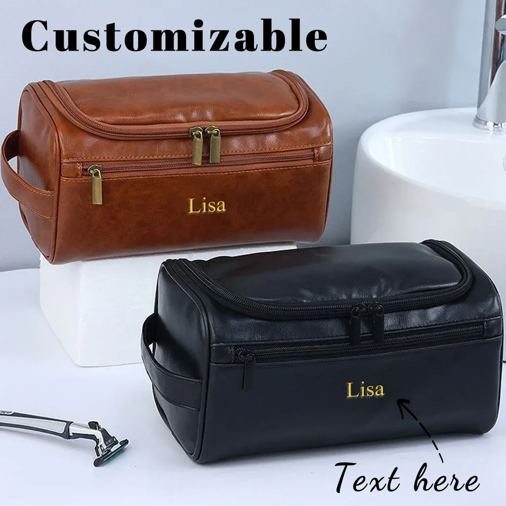 Sac de maquillage personnalisé avec nom, trousse de toilette portable pour homme, sac de rangement de grande capacité pour voyage, sac de rangement en cuir PU imperméable