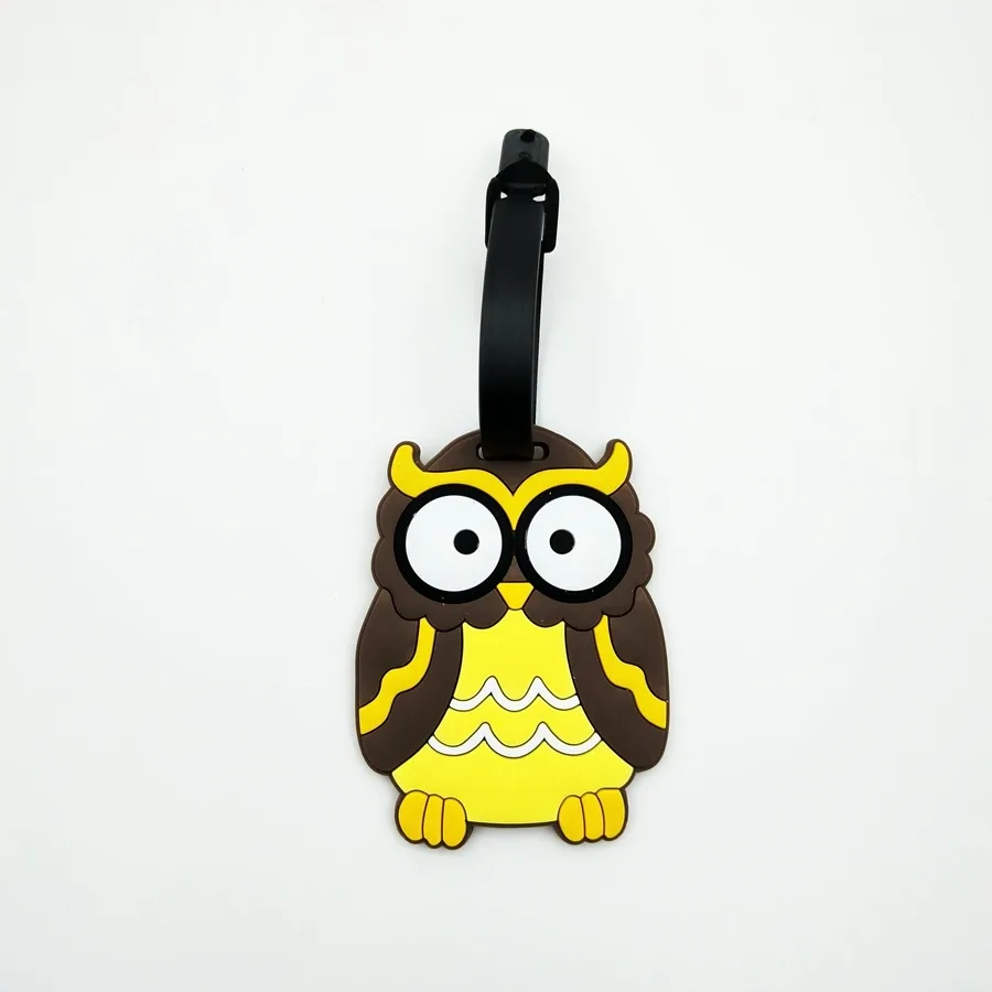 étiquette bagage pvc hibou bleu jaune marron oeil grand ouvert accessoire voyage identification anti perte aéroport