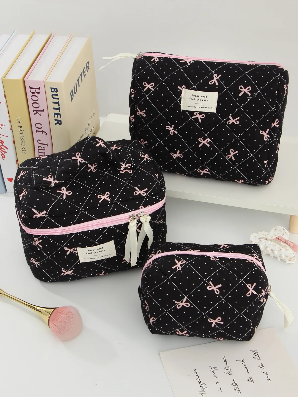 Organisateur Voyage Polyester Noir Motif Géométrique Nœuds Roses Sac Maquillage Matelassé Multifonctionnel Cadeau Vacances Essentiel Voyage