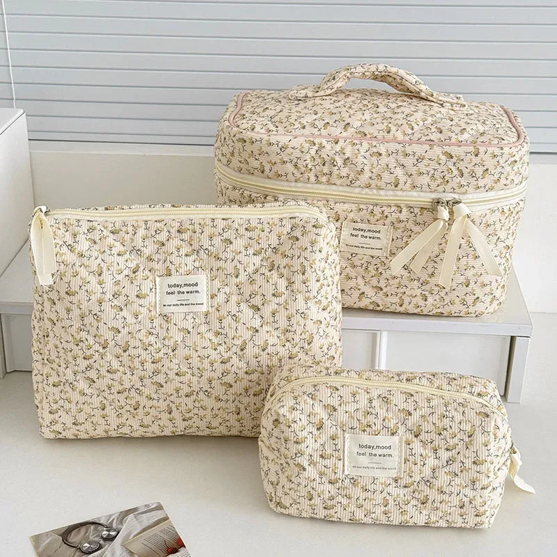 Sac à cosmétiques Vintage en velours côtelé pour femmes, sacs de rangement de voyage rétro pour dames, sacs à main portables, trousse de maquillage, pochette