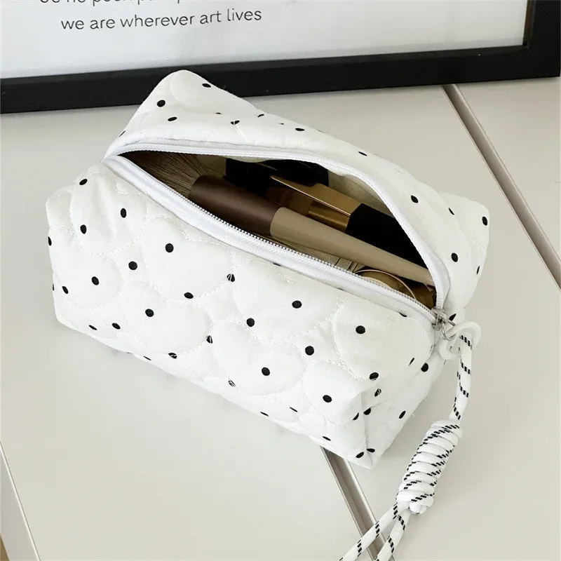 trousse de maquillage matelassée à pois pour femmes et filles, petite et grande brosse à rouge à lèvres, pochette cosmétique, mini portefeuille portable, porte-monnaie