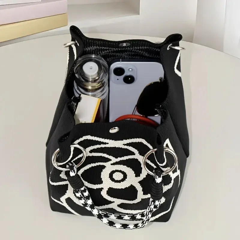 sac à main tricoté à fleurs pour femmes, sac à bandoulière couleur contrastée, sac à main de plage portable pour dames, fourre-tout de shopping