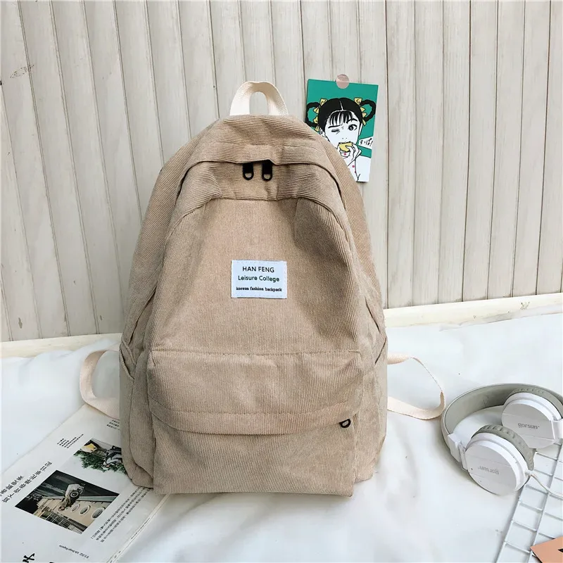 sac à dos coréen en velours côtelé, couleur unie, léger, imperméable, grande capacité, sac d'école pour étudiantes, sac de voyage pour filles et femmes